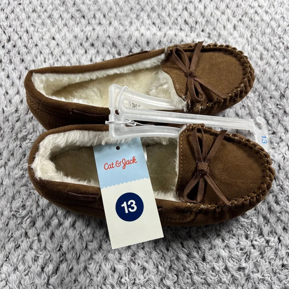 Cat Jack‎ Toddler Girls Brown Moccasin Slippers Fuzzy Lined Bow Size 13 NWT